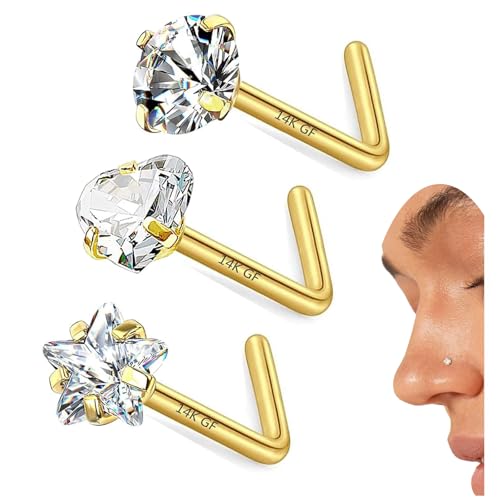 3 Pcs 14K Gold Filled Nose Studs 20G Stainless Steel Stud Nose Ring 2mm/2.5mm/3mm Round CZ L Bend Nose Stud Hypoallergenic Nose Piercing - color: gold mix L