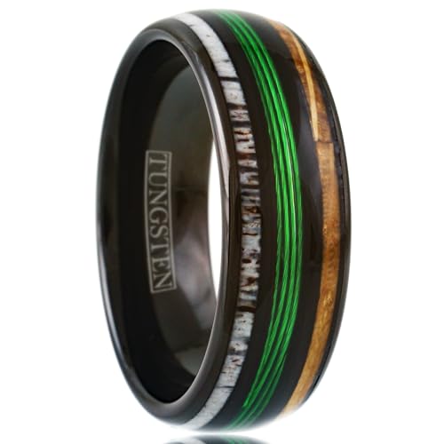 Ravishing 8mm Polished Black Tungsten Carbide Low Dome Band Ring with Green Fishing Line Between Whiskey Barrel Oak Wood and Deer Antler Inlays.