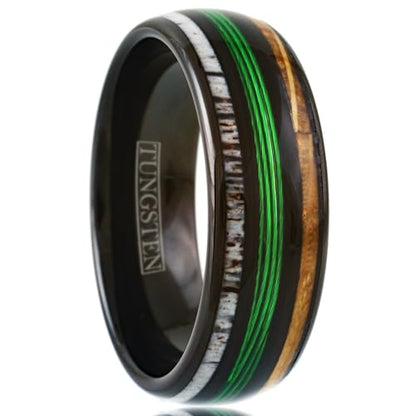 Ravishing 8mm Polished Black Tungsten Carbide Low Dome Band Ring with Green Fishing Line Between Whiskey Barrel Oak Wood and Deer Antler Inlays.