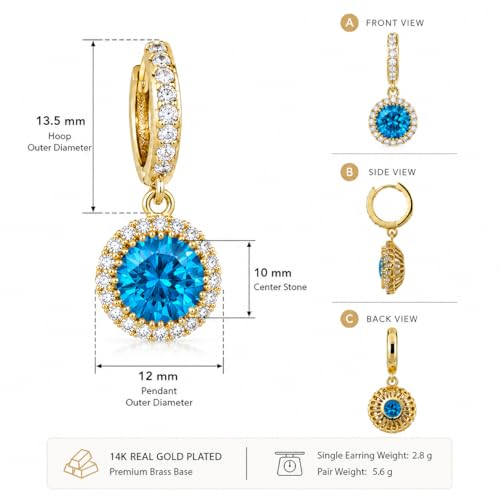 14K Gold Plated Hoop Dangle Earrings for Women, Hypoallergenic Colorful Cubic Zirconia Drop Earrings, Lightweight Huggie Earrings for Women - color: Gold/Aquamarine Blue