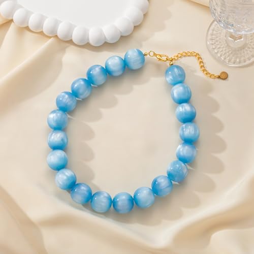 Beaded Necklace for Women Boho Chunky Large Round Beaded Statement Choker Trendy Adjustable Resin Necklaces Summer Beach Jewelry Gifts - color: Light Blue