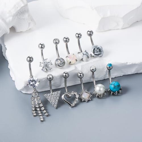 Vsnnsns 14G Dangle Belly Button Ring Piercing Jewelry 316L Stainless Surgical Steel Navel Rings Cubic Zirconia Heart Flower CZ Dangling Belly Button Ring Piercing Jewelry for Women 14 Gauge - color: Silver Tone