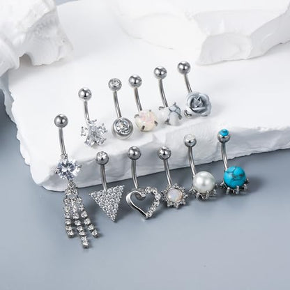 Vsnnsns 14G Dangle Belly Button Ring Piercing Jewelry 316L Stainless Surgical Steel Navel Rings Cubic Zirconia Heart Flower CZ Dangling Belly Button Ring Piercing Jewelry for Women 14 Gauge - color: Silver Tone