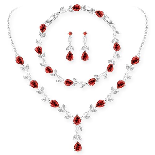 GZWHD Wedding Jewelry Sets for Bride Bridesmaid Women Cubic Zirconia Necklace Earrings Bracelet Set Gift for Mother Friend Wife Daughter Sister Party Prom Jewelry - color: Garnet