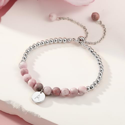 Ritach Initial Bracelets for Girls Kids - Pink Zebra Natural Stone Disc/Heart Initial Bracelet Adjustable Gold/Silver Beaded Bracelets for Girls Kids Teen Girl Jewelry Birthday Gifts - color: L-Silver
