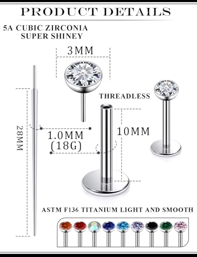 20G 18G 16G Astm F136 Titanium Threadless Flat Back Earrings Nose Studs Tragus Helix Conch Cartilage Lobe Earrings Medusa Labret Snake Bite Monroe Lip Ring Piercing Jewelry For Women Men - size: 18G-10MM Bar-CZ 3MM