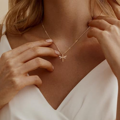 LLWOM Gold Necklace for Women-14k Gold Plated Infinity Necklace Star Of David Necklace Evil Eye Cross Pendants Heart Dainty Gold Necklace For Women - color: Gold-Dragonfly