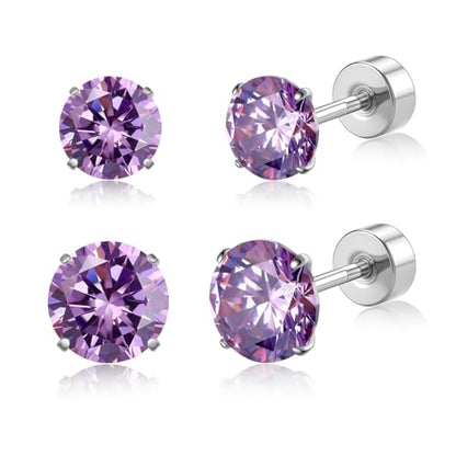 20G G23 Implant Grade Titanium Flat Back Stud Earrings for Women Men, Gold/White Gold Plated Tragus Labret Cartilage Helix F136 Piercing Jewelry for Sensitive Ears, with 4-6mm Cubic Zirconia - color: 2Pairs-20G-Silver-purple-Stud Earring Sets