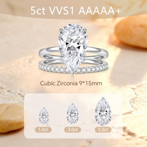 5CT Elongated Pear Shaped Cut Engagement Ring Set for Women, Wedding Promise Cubic Zirconia Band, 14K Gold/White Gold Plated Stackable Bridal Eternity Rings, Size 5-9 - color: Silver