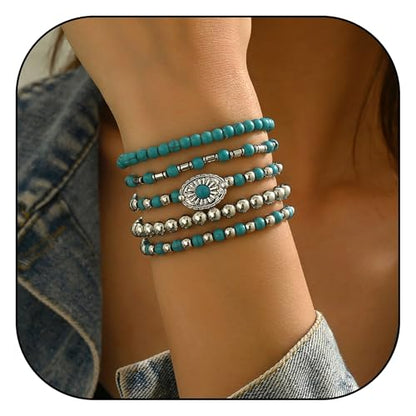 LOTSOF Western Turquoise Beaded Bracelet, Chic Stack Beaded Western Style for Country Concerts, Cowgirl Outfits & Boho Jewelry - color: Western Bracelets