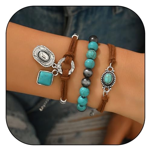 LOTSOF Western Turquoise Beaded Bracelet, Chic Stack Beaded Western Style for Country Concerts, Cowgirl Outfits & Boho Jewelry - color: Western Turquoise Cowboy Hat