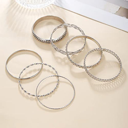 COLORFUL BLING 5-12Pcs Boho Indian Bangles for Women Twisted Chunky Stackable Cuff Bangle Statement Jewelry Handcuffs Wedding Layered Cable Smooth Bracelets Set - color: 7pcs silver