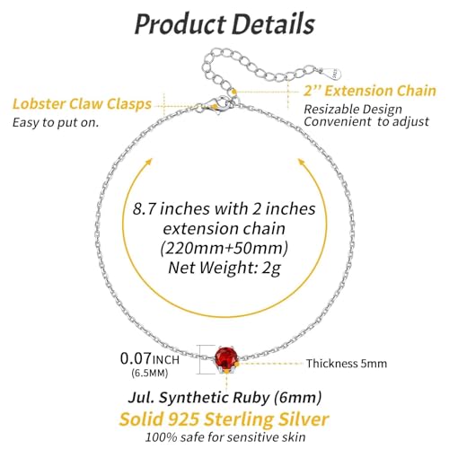 ChicSilver 925 Sterling Silver Anklets for Women, Simple Dainty Round/Heart Birthstone Ankle Bracelet Beach Foot Jewelry, 8.7-10.7 Inch Adjustable - color: 07. Round - July(Ruby)