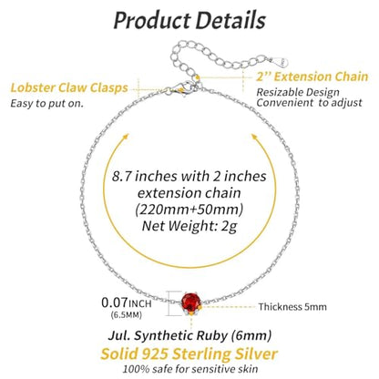 ChicSilver 925 Sterling Silver Anklets for Women, Simple Dainty Round/Heart Birthstone Ankle Bracelet Beach Foot Jewelry, 8.7-10.7 Inch Adjustable - color: 07. Round - July(Ruby)