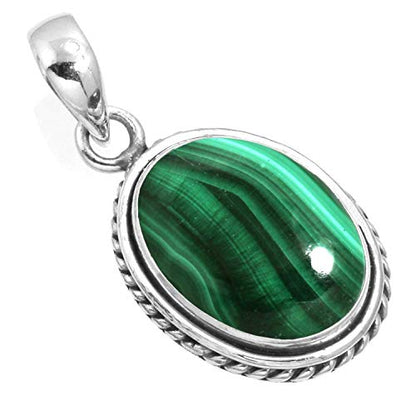 Chunky Natural Gemstone Pendant Necklace For Women Onyx, Turquoise, Amber, Garnet Oval Boho Genuine 925 Sterling Silver Handmade Jewelry - color: Malachite