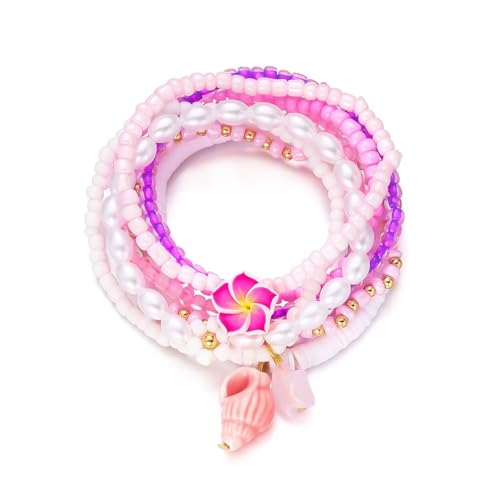 Boho Stackable Beaded Bracelet Set, Pink, Starfish Shell Pearl Charms, Elastic Handmade Layered Stretch Bracelets, Summer Beach Holiday Jewelry for Women - color: Pink B
