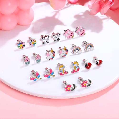 10Pairs Hypoallergenic Screw Back Earrings for Women Girls Stainless Steel | CZ Heart Butterfly Ball Stud Earrings Multicolored Cat Rainbow Screwback Stud Earrings Set Over 3 Years Old - style: animal earrings