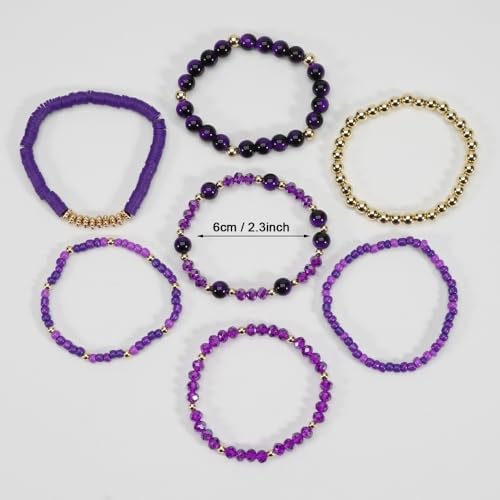 7Pcs Bohemia Multilayer Stackable Crystal Beaded Bracelet Set Multicolor Surfer Heishi Clay Gold Beaded Friendship Stretch Bracelets for Women Men Summer Beach Boho Vacation Jewelry Gifts - color: Purple