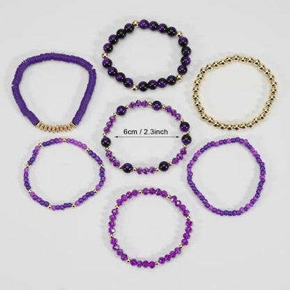 7Pcs Bohemia Multilayer Stackable Crystal Beaded Bracelet Set Multicolor Surfer Heishi Clay Gold Beaded Friendship Stretch Bracelets for Women Men Summer Beach Boho Vacation Jewelry Gifts - color: Purple