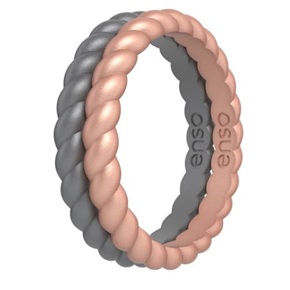 Enso Rings Stackable Braided Silicone Wedding Ring Bundles – Comfortable and Flexible Design - Multi-Packs - color: Metallic Silver/Rose Gold, size: 5