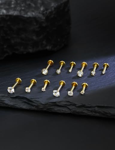 16G Internal Thread Flat Back Earrings Nose Studs 316L Surgical Steel Medusa Labret Monroe Lip Ring Tragus Forward Helix Conch Cartilage Lobe Earrings Stud Piercing Jewelry For Women Men - color: Gold-Clear CZ