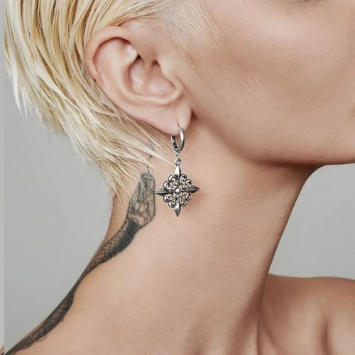 PUNKYOUTH Gothic Crest Dangle Drop Hoop Earrings Dark Alternative Piercing Jewelry 18G 1mm Antique Finish Ornate Scroll Cubic Zirconia Spike Statement Everyday Wear Accessories For Women Men - color: Fleur-de-lis-Silver