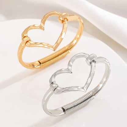 Chunky Heart Bracelet for Women Gold Silver Heart Cuff Bracelet Open Statement Love Bangle Minimalist Jewelry - color: Silver Heart