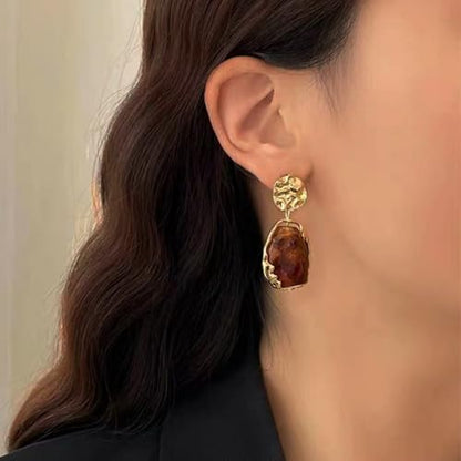 Vintage Irregular Acrylic Dangle Earrings Enamel Brown Drop Earrings Gold Hammered Disc Stud Earrings Acrylic Brown Geometric Earrings Jewelry for Women