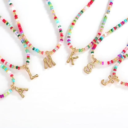 YOUFENG Initial Letter Necklaces for Women Colorful Beaded Gemstone Choker 14K Gold Plated Bamboo Letter Pendant Necklace Natural Stone Handmade Jewelry Gift - color: C