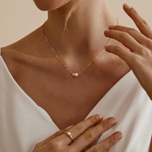 Pearl Necklace for Women, Dainty Pearls Choker Necklace for Women 14K Gold Plated Layered Pendant Necklace Handmade Gold Chain Necklace Everyday Jewelry Gift - color: Two Pearls