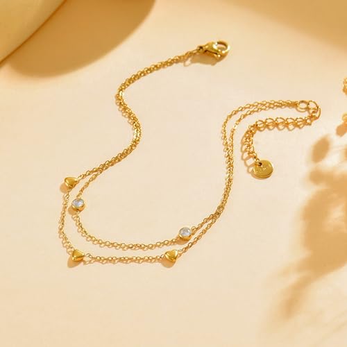 NONAMOIS Ankle Bracelets for Women Dainty 18K Gold Plated Anklet Waterproof Round Beaded Paperclip Herringbone Pearl Chain Anklets Waterproof Beach Foot Jewelry - color: 2Layered CZ Heart-Gold