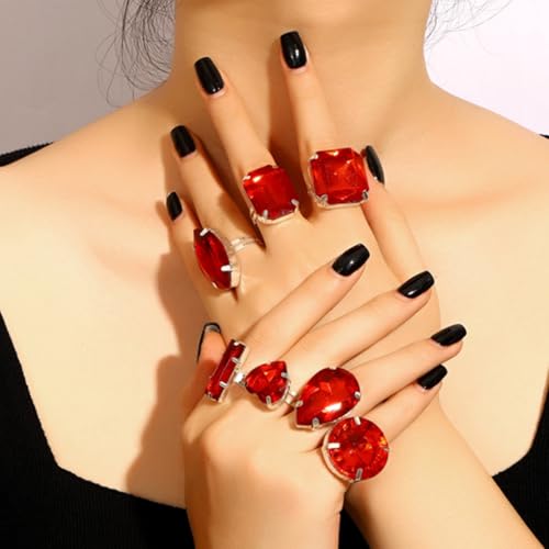 FUTIMELY 7Pcs Exaggerated Chunky Large Rhinestone Ring Set,Glitter Heart Square Oval Teardrop Knuckle Rings,Unique Red Crystal Open Rings Pack Cocktail Jewelry - color: Red