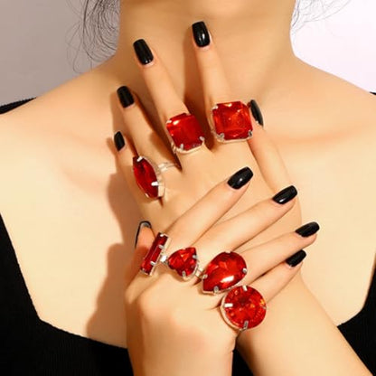 FUTIMELY 7Pcs Exaggerated Chunky Large Rhinestone Ring Set,Glitter Heart Square Oval Teardrop Knuckle Rings,Unique Red Crystal Open Rings Pack Cocktail Jewelry - color: Red