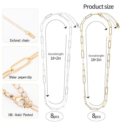 16 Pack 4mm 18K Gold Plated Paperclip Charm Necklace Chains Bulk for Jewelry Making 18Inch 18K Gold Plated and Stainless Steel Necklace Chain with 2 Inch Extension Chain for Women - color: 16 PCS 18K Gold+Silver
