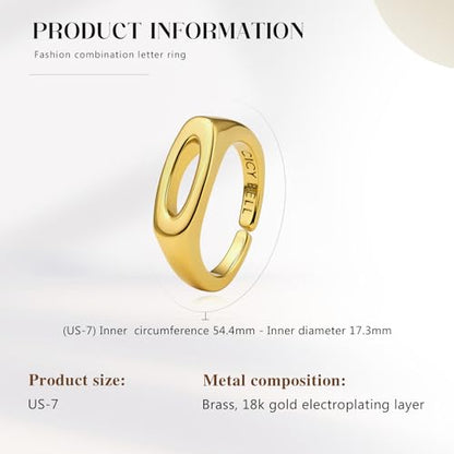 Cicy Bell Initial Rings for Women 18k Gold Plated Adjustable Rings | Open Signet Rings, Bold Letter, Personalized Engraved, For Party - color: Initial-O