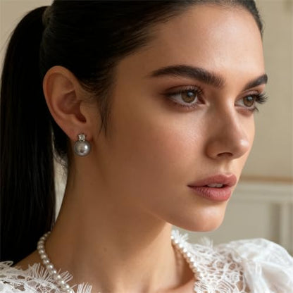 Faux Pearl Cubic Zirconia Stud Earrings, Hypoallergenic Lightweight Round Pearl Studs for Women - color: Platinum Grey, size: Pearl 10mm-CZ 3mm
