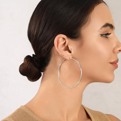 2mm Sterling Silver Big Hoop Earrings For Women - Large Hypoallergenic Circle Endless Thin Oversize Silver Hoops - color: Set,40mm/50mm/60mm,silver
