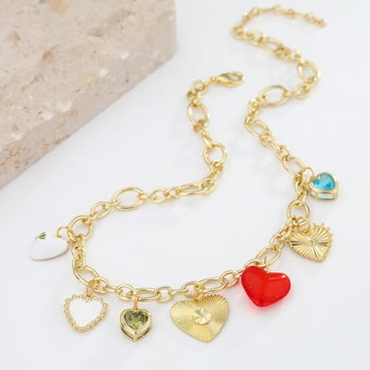 Charm Necklace for Women Gold Evil Eye Sun Moon Flower Coin Pendant Necklace Dainty Paperclip Chain Vintage Luck Amulet Choker Necklaces Celestial Jewelry Gift - style: 7 Heart Charms