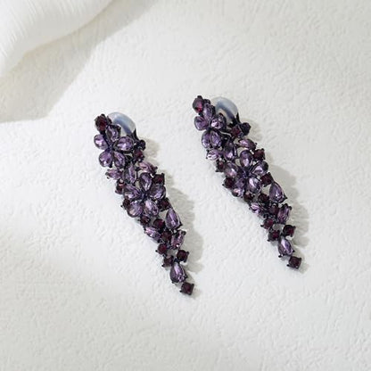 EleQueen Women's Sparkle Statement Clip-On Chandelier Earrings | Marquise Crystals Earrings for Women, Art Deco Prom Jewelry for Wedding Bride Bridesmaid - color: Purple Black-Tone