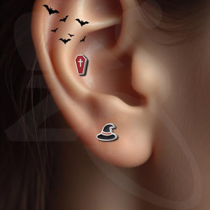 ZS 9Pcs 16G Halloween Labret Lip Rings Internally Threaded Piercing Jewelry | Bat Ghost Skull Monroe Medusa Piercing Jewelry Flat Back Conch Tragus Earrings for Women Men - color: SetB:Black, size: L:6mm