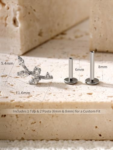 16G Titanium Flat Back Earrings for Women Conch/Helix/Foward Helix/Tragus/Hypoallergenic Piercing Jewelry Internal Thread Cartilage Stud Gold Silver CZ Branch Earrings - color: Silver-For Wearer Right Ear