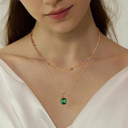 Gold Layered Necklaces for Women, 18k Gold Plated Crystal Necklace Paperclip Choker Emerald Green Jewelry for Women Gifts - color: Green