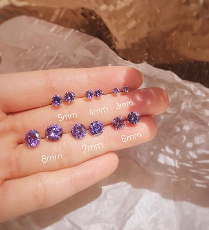 6 Pairs Stud Earrings Set, Hypoallergenic Cubic Zirconia Earrings 316L Stainless Steel CZ Earrings 3-8mm - color: A-Purple CZ