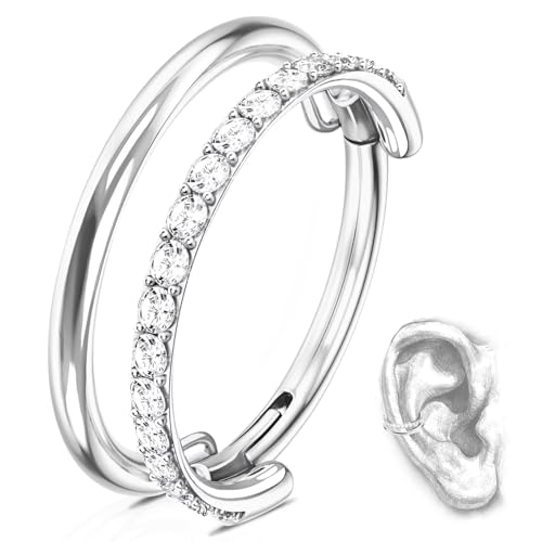 G23 Titanium Conch Piercing Jewelry Hoop: 16G 8mm/10mm/12mm Diamond Cartilage Earring Helix Double Piercing Hoop Septum Rings Hypoallergenic Nose Rings Hinged Segment Clicker Lip Rings Rook Daith Tragus Earrings - color: Silver-Double Layers, One Row CZ