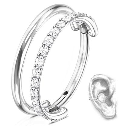 G23 Titanium Conch Piercing Jewelry Hoop: 16G 8mm/10mm/12mm Diamond Cartilage Earring Helix Double Piercing Hoop Septum Rings Hypoallergenic Nose Rings Hinged Segment Clicker Lip Rings Rook Daith Tragus Earrings - color: Silver-Double Layers, One Row CZ