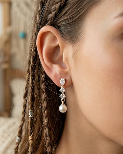 Pearl Earrings - 14K Gold/White Gold/Rose Gold Plated Cubic Zirconia CZ Diaomond Accented Pearl Drop Dangle Earrings for Women Wedding Bridal Prom - color: Gold 3pcs cz
