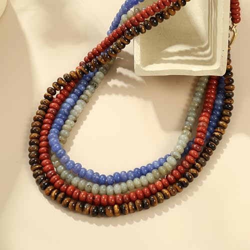 CONRAN KREMIX Colorful Stone Beaded Necklace for Women,Natural Gemstone Bead Choker Necklaces Boho Summer Beach Layering Necklace Jewelry Gift for Women - color: Tiger Eye Stone