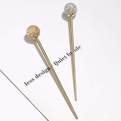 2Pcs Simple Elegant Round Ball Metal Hair Stick Fork Chignon Pin Lollipop Shape Decorative Hairpin Chopsticks Hair Jewelry for Women Lady Teen Fashion Hair Updo Making Accessories, Silver and Gold