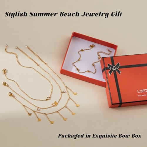 LOFITOR Anklets for Women Ankle Bracelet Charm Link Chain Set Foot | Waterproof Dainty Cz Evil Eye Beaded Anklets Adjustable Beach Foot Jewelry Feet Chains, Summer Beach Foot Jewelry Gifts - style: Butterfly Gold