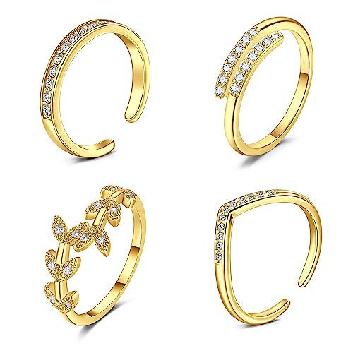 JFORYOU Toe Rings for Women Adjustable Open Toe Rings with Anklet Set CZ Flower Toes Ring for Summer Beach Foot Jewelry - color: 4pcs-golden toe rings Style A